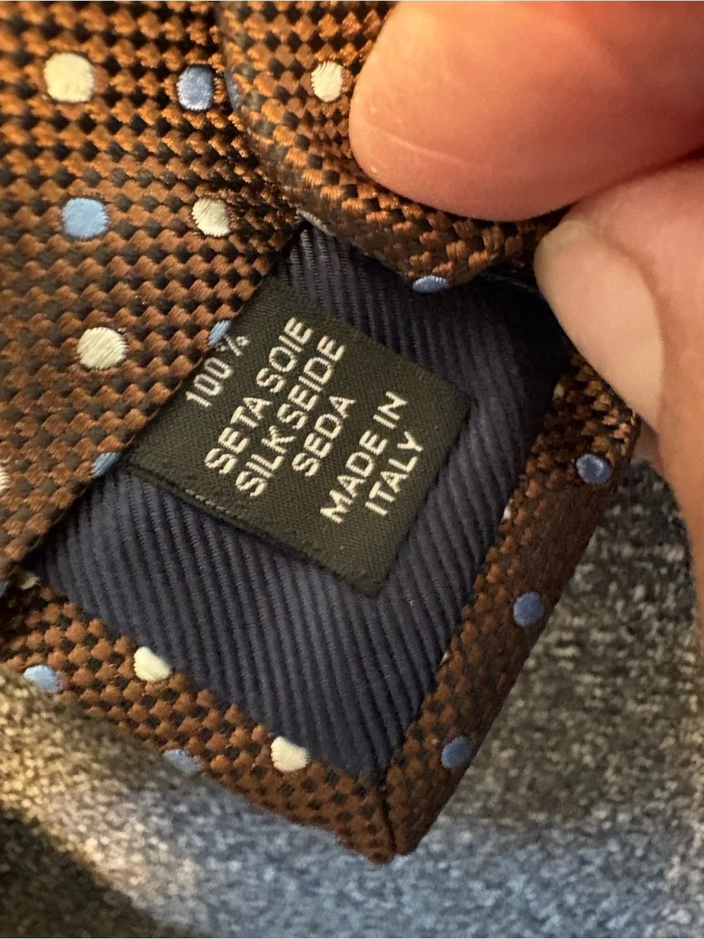 Ermenegildo Zegna Brown Tie with Blue and White Polka Dots
